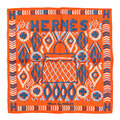Hermes Silk Gavroche Kelly en Perles Pocket Square Scarf Orange Bleu Jean 1 of 3