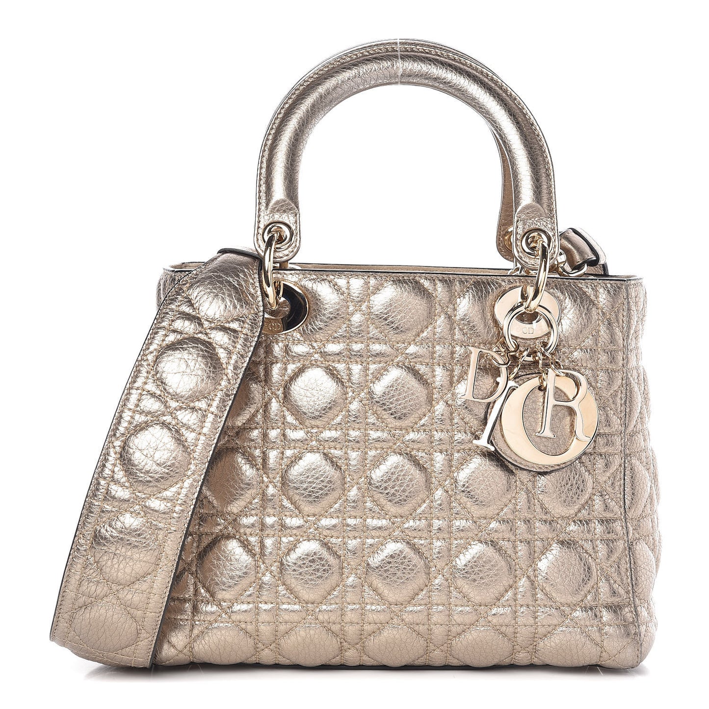 Metallic Grained Calfskin Cannage Small Supple Lady Dior Pale Gold