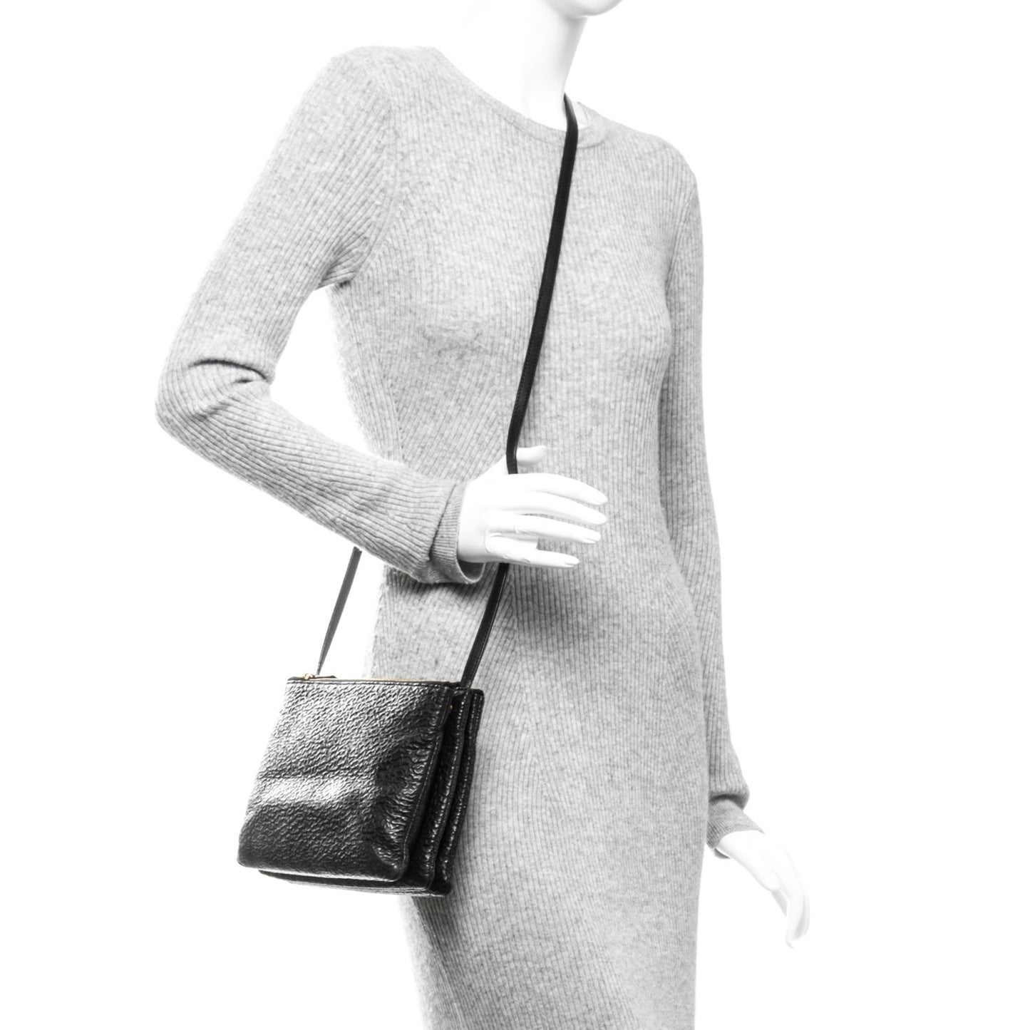 Calfskin Astrakhan Embossed Large Trio Crossbody Bag Black