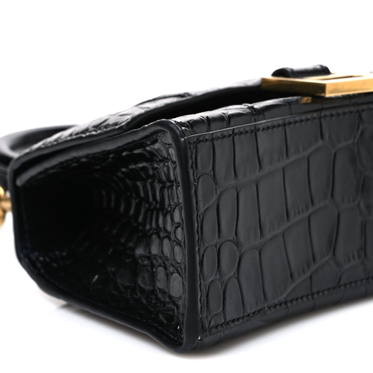 Shiny Calfskin Crocodile Embossed Hourglass Top Handle Bag XS Black