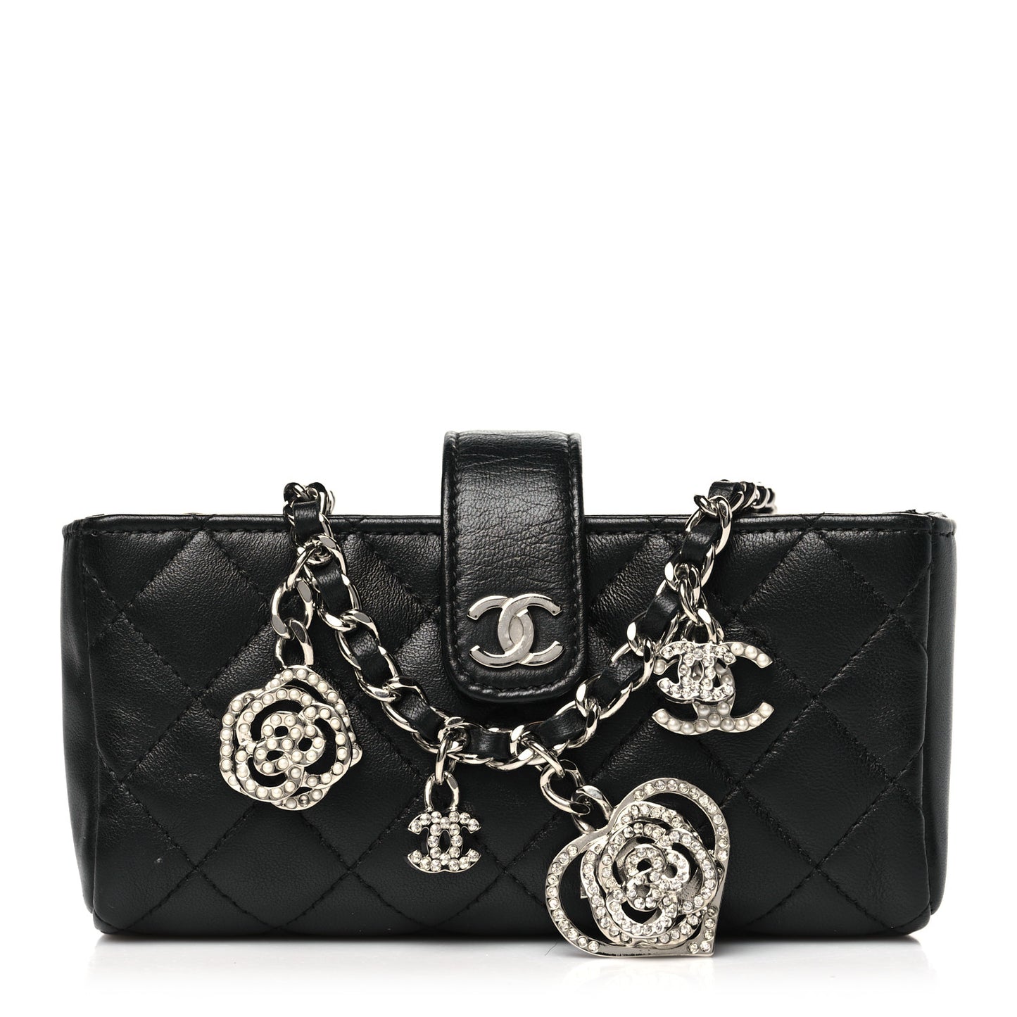 Lambskin Quilted Crystal Valentine Charms Mini Phone Holder Crossbody Bag Black