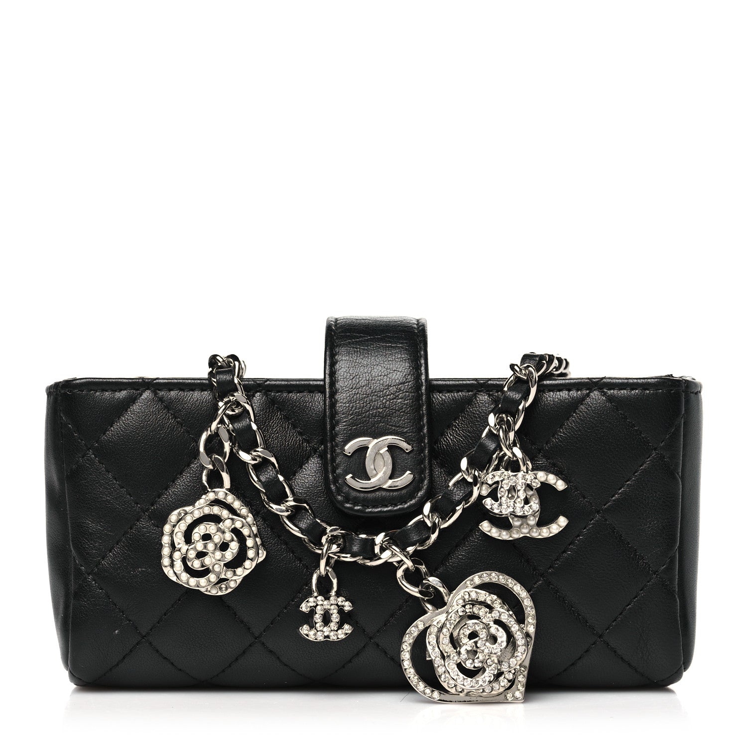 Chanel Lambskin Quilted Crystal Valentine Charms Mini Phone Holder Crossbody Bag Black 1 of 10