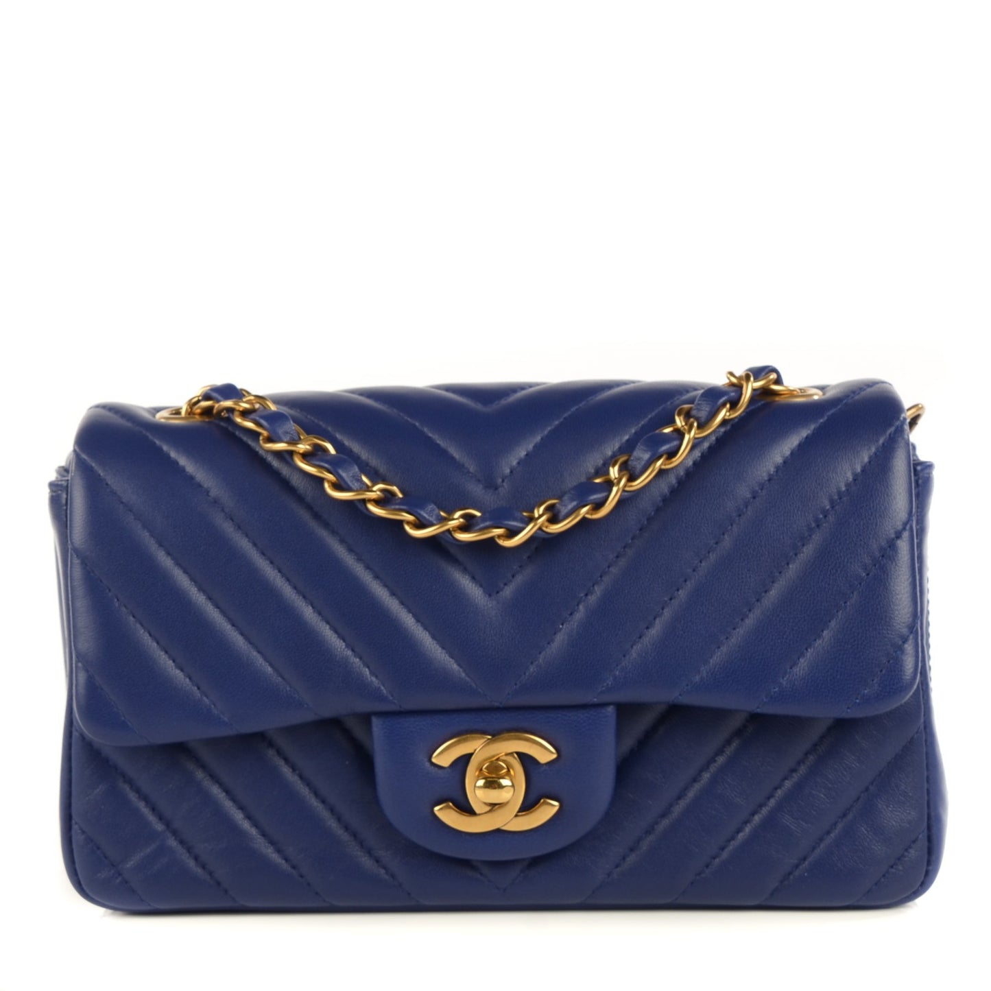Lambskin Chevron Quilted Mini Rectangular Flap Dark Blue