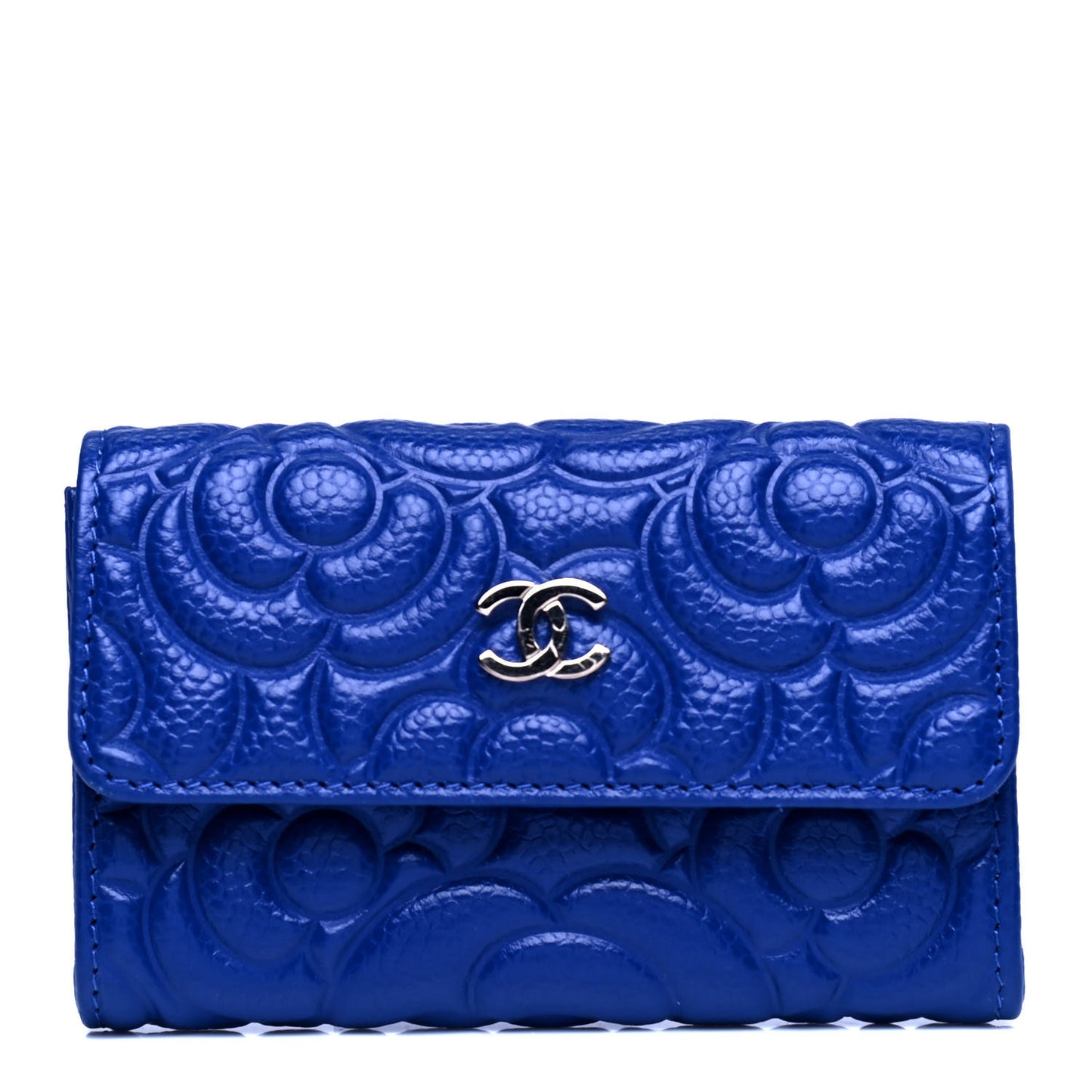 Caviar Camellia Embossed Card Holder Wallet Blue