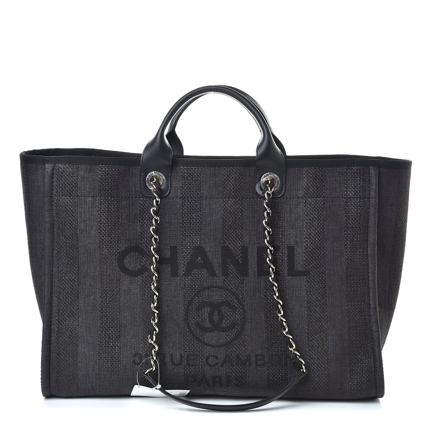 Straw Raffia Calfskin Striped Large Deauville Tote Black