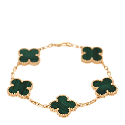 Van Cleef & Arpels 18K Yellow Gold Malachite 5 Motifs Vintage Alhambra Bracelet 1 of 4
