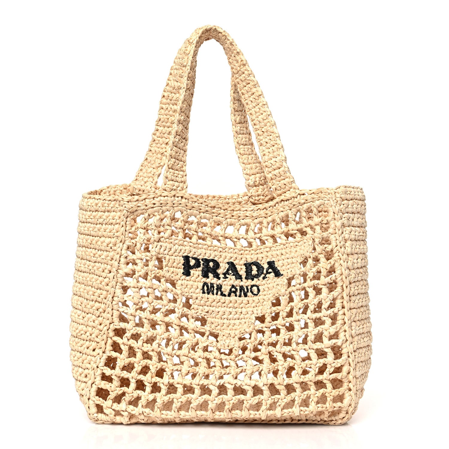 Prada Yarn Raffia Effect Crochet Logo Embroidered Small Tote Bag Naturale 1 of 8