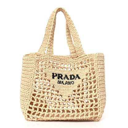 Prada Yarn Raffia Effect Crochet Logo Embroidered Small Tote Bag Naturale 1 of 8
