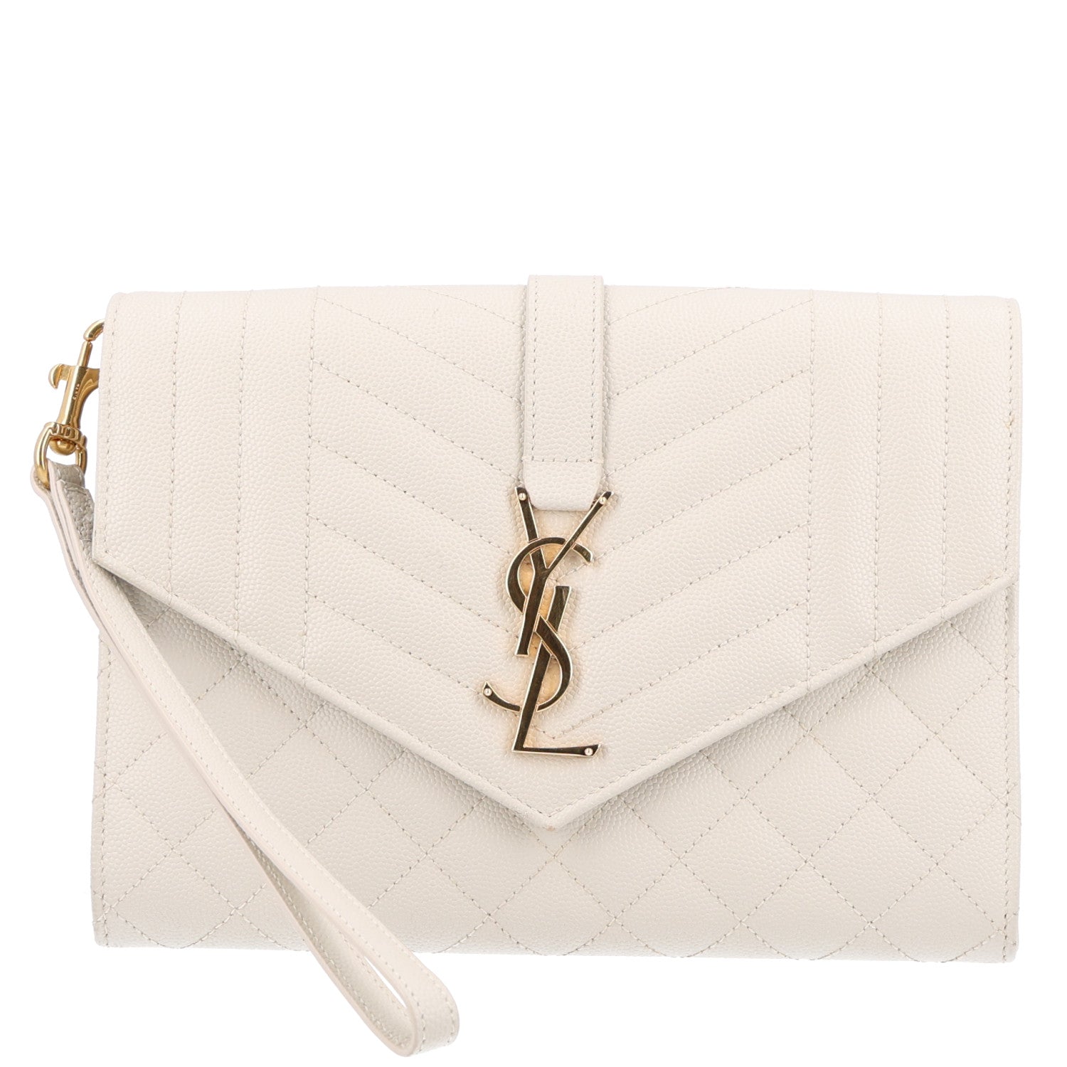 Saint Laurent Grain De Poudre Textured Mixed Matelasse Triquilt Monogram Clutch Crema Soft 1 of 10