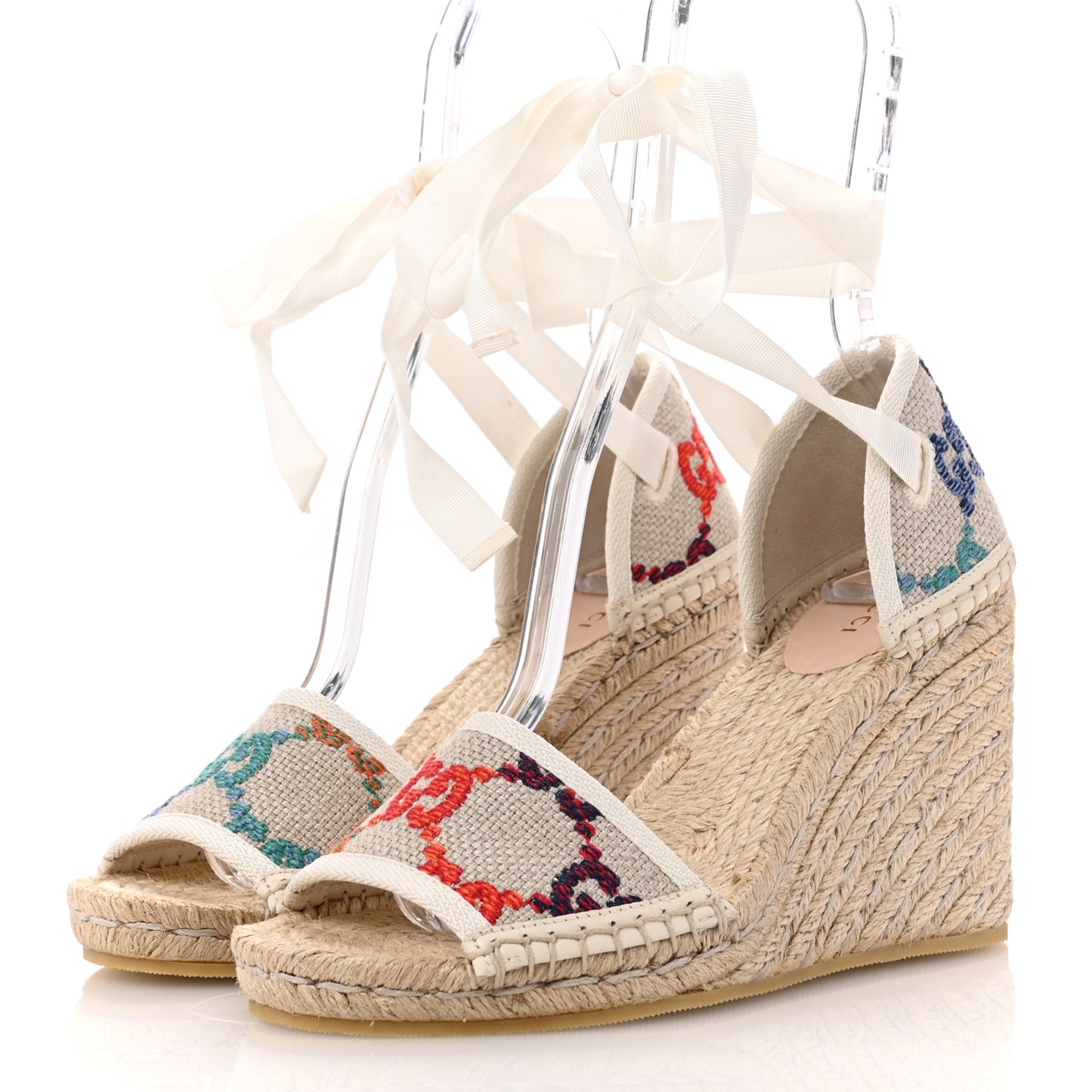 Linen Psychedelic Mini GG Monogram Ankle Wrap Platform Espadrille Wedge Sandals 36.5 Multicolor Mystic White