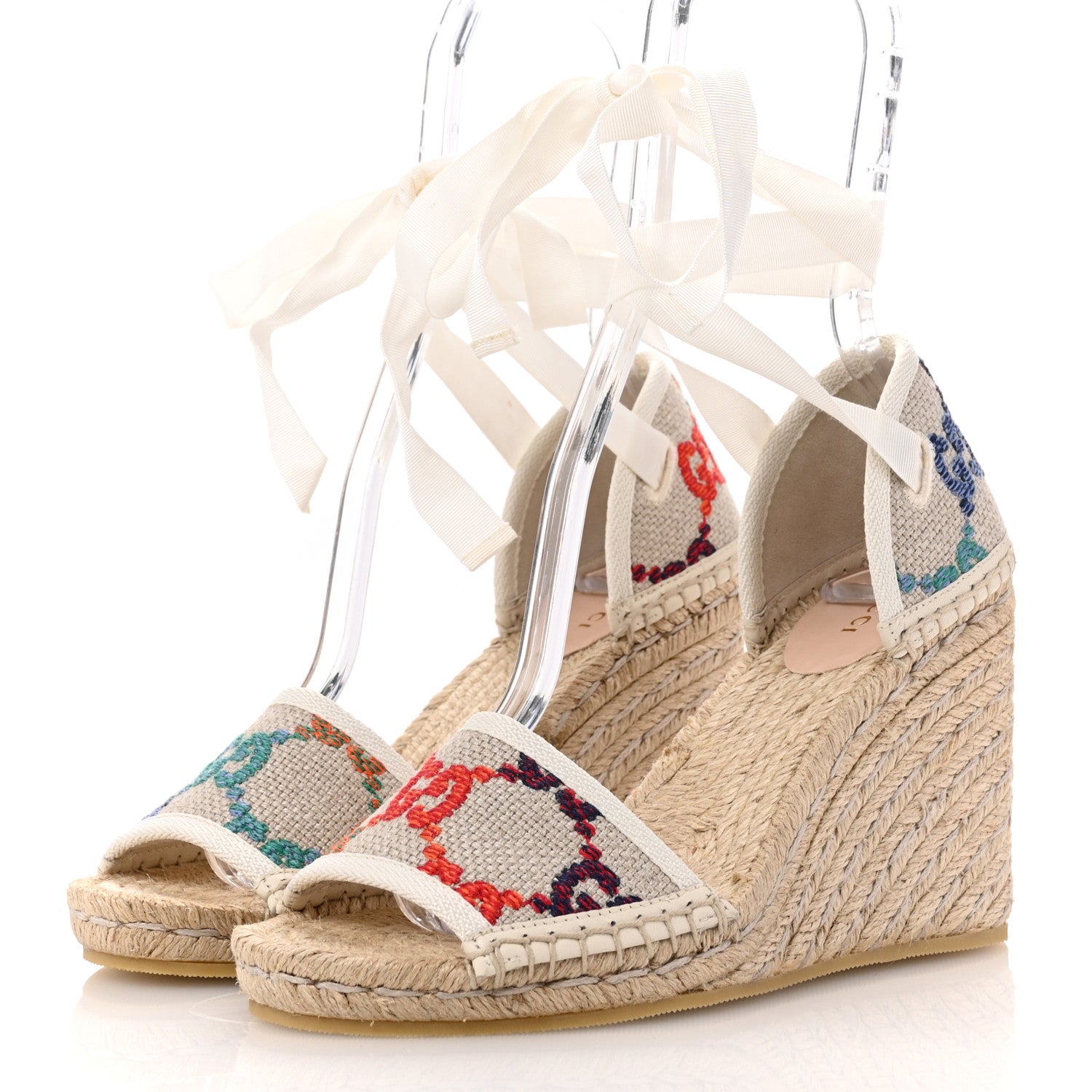 Gucci Linen Psychedelic Mini GG Monogram Ankle Wrap Platform Espadrille Wedge Sandals 36.5 Multicolor Mystic White 4 of 11