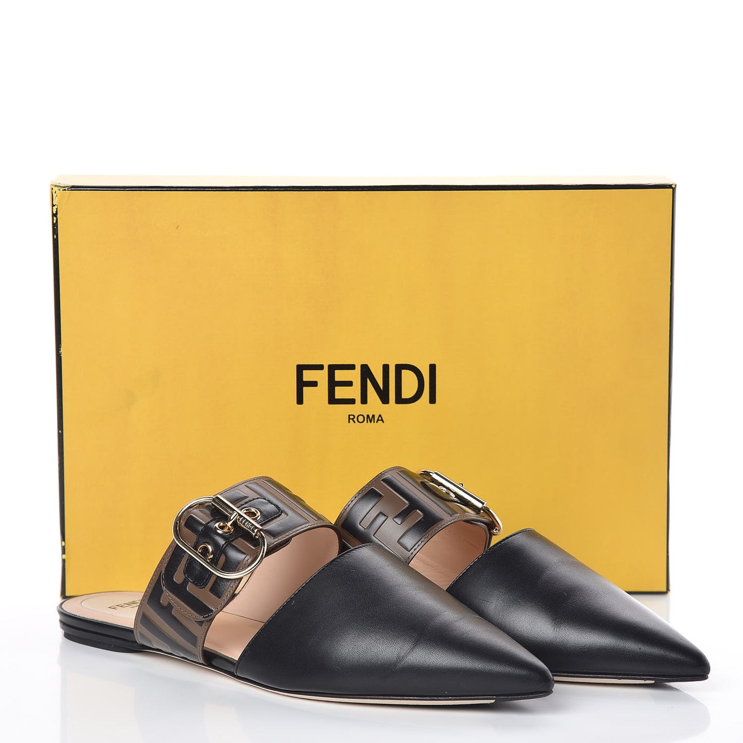 Vitello FF Embossed Buckle Flat Mules 38.5 Maya Black