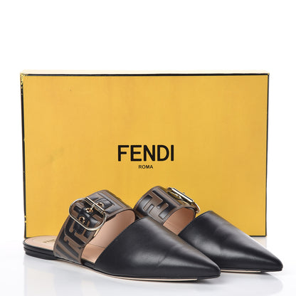 Fendi Vitello FF Embossed Buckle Flat Mules 38.5 Maya Black 10 of 10