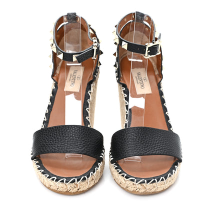 Valentino Garavani Grained Calfskin Rockstud Ankle Wrap Espadrille 15/85mm Wedges 35 Black Light Cuir 3 of 9