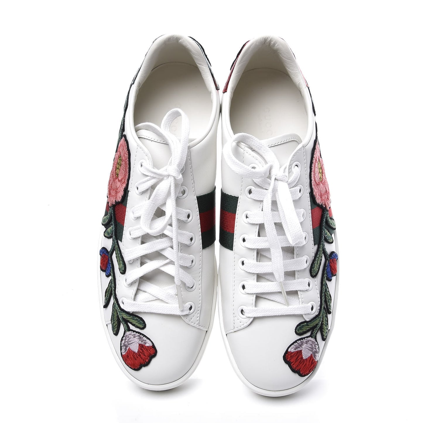 Calfskin Web Floral Embroidered Womens Ace Sneakers 39 White