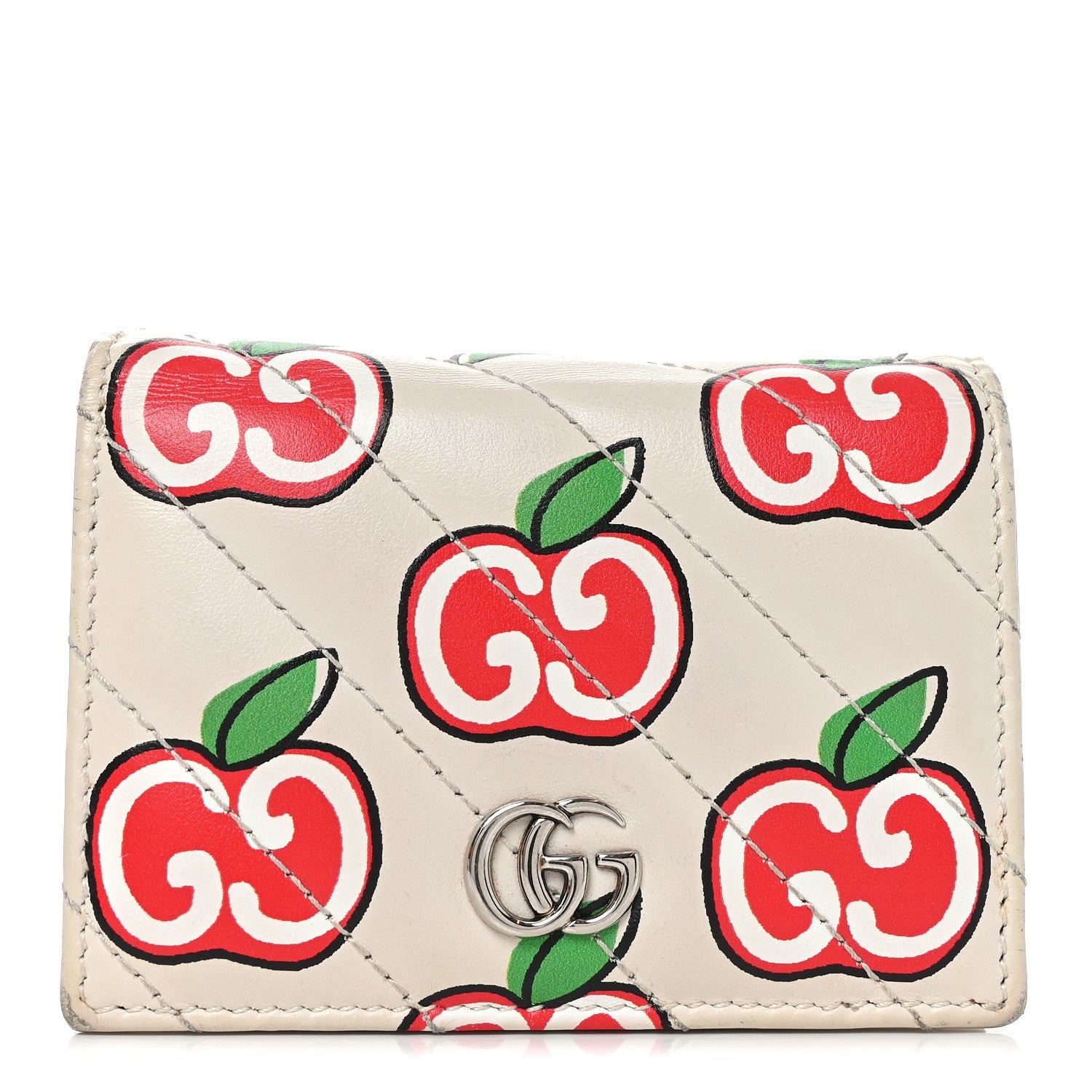 Gucci Calfskin Matelasse Diagonal GG Apple GG Marmont Card Case Wallet Ivory 1 of 10
