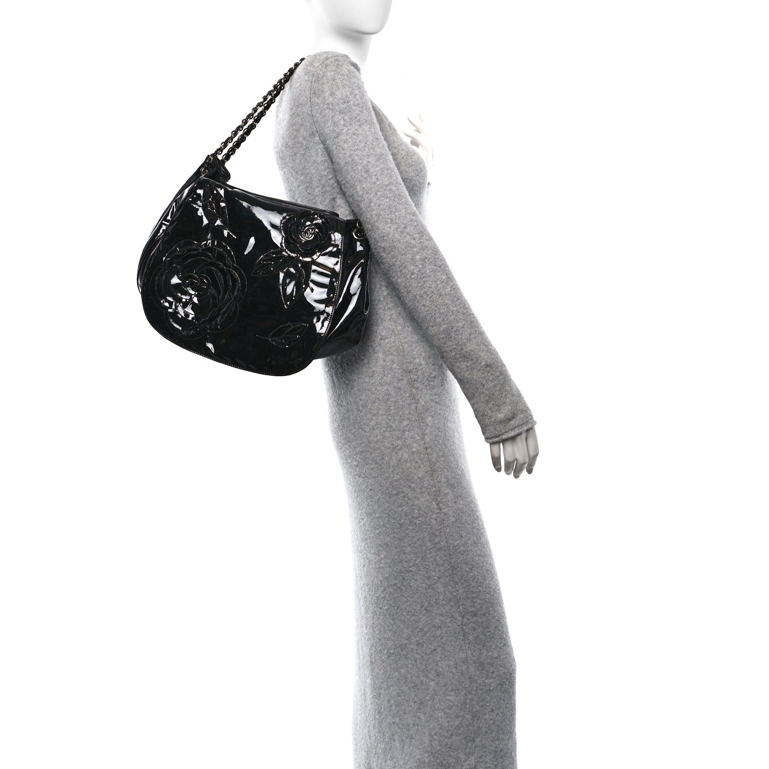 Chanel Patent Tweed Camellia Petals Large Flap Black 3 of 11