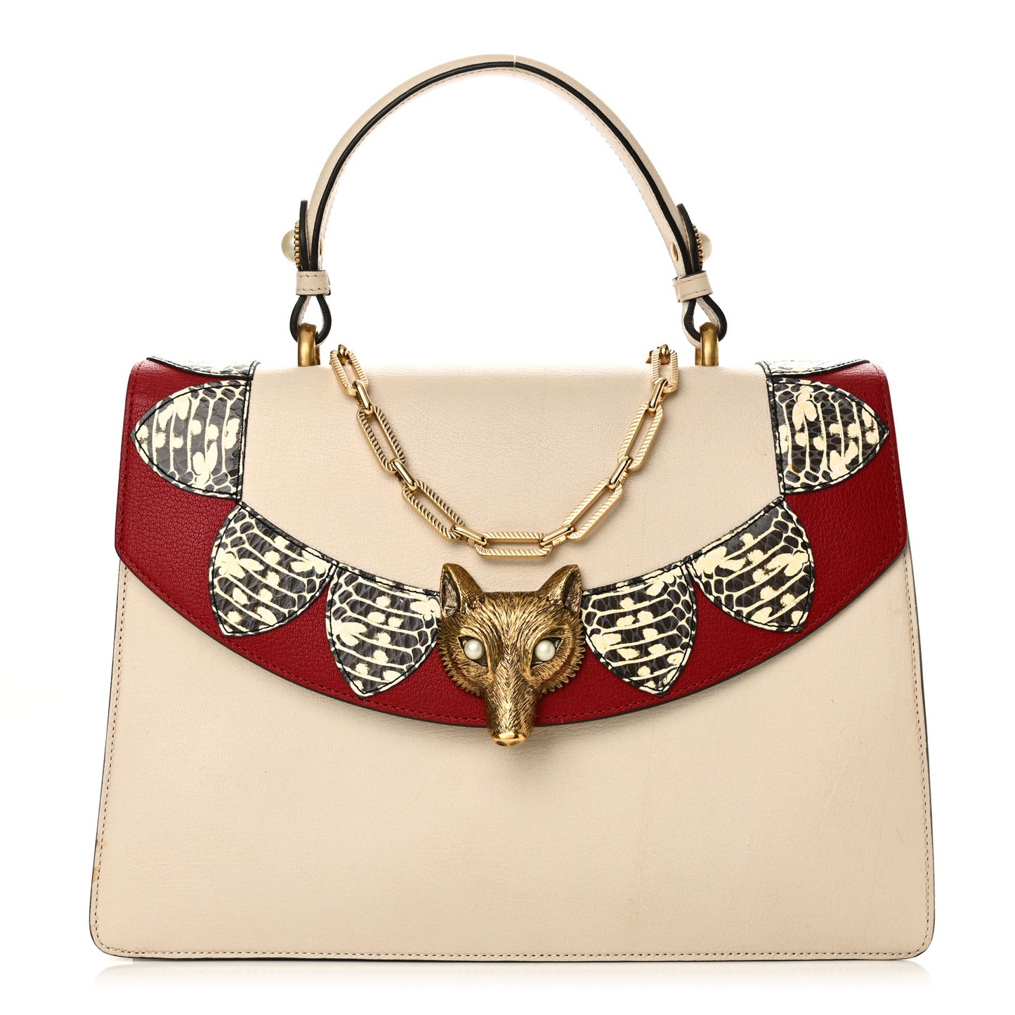 Goatskin Elaphe Pearl Medium Fox Broche Top Handle Bag Hibiscus Red Mystic White