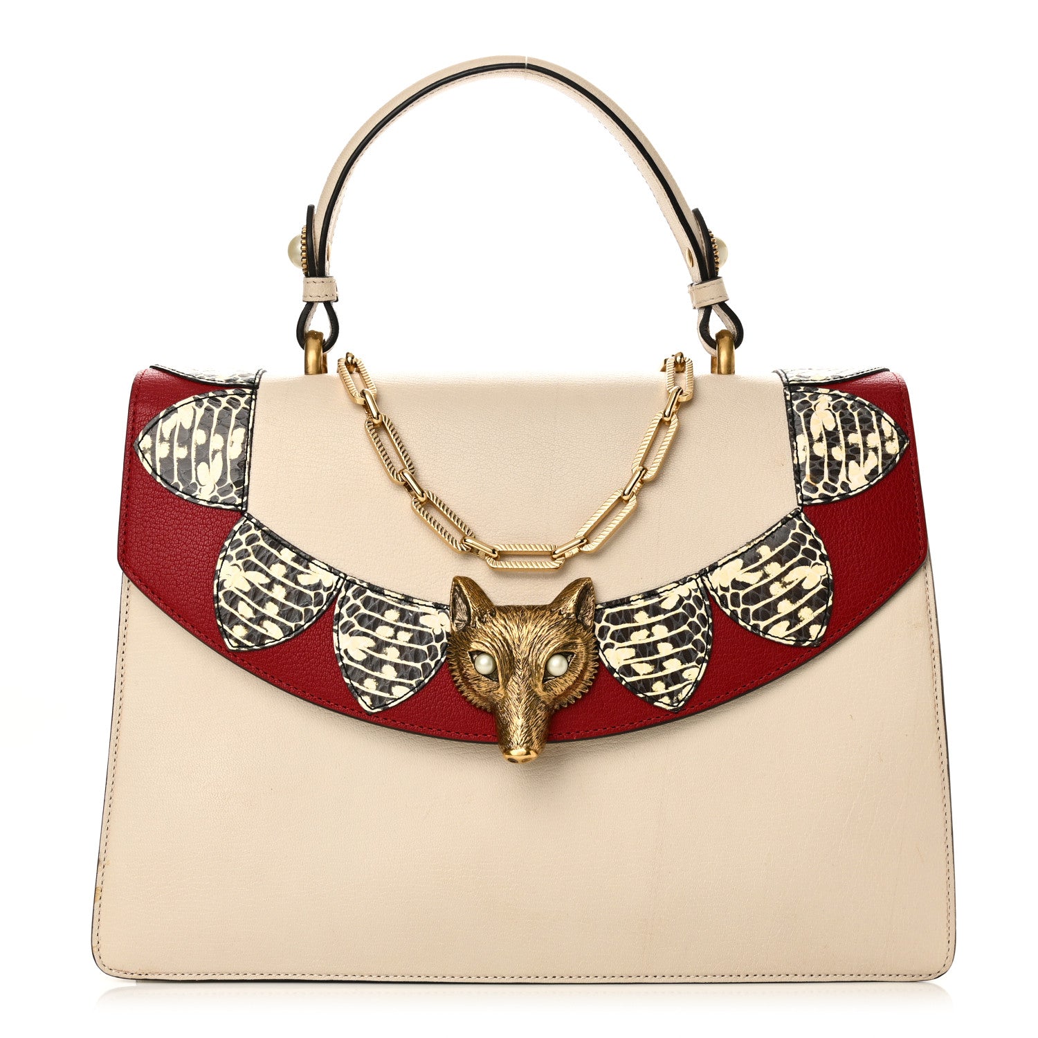 Gucci Goatskin Elaphe Pearl Medium Fox Broche Top Handle Bag Hibiscus Red Mystic White 1 of 9