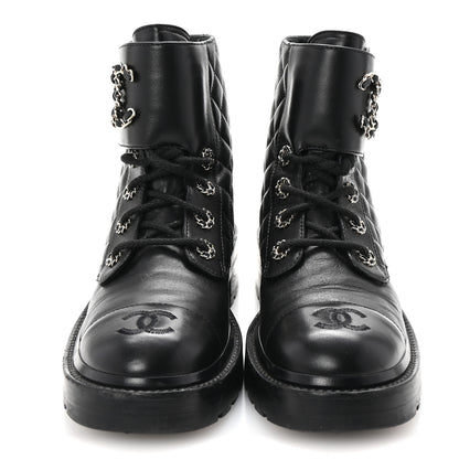 Chanel Shiny Lambskin Quilted Lace Up Combat Boots 37 Black 3 of 10