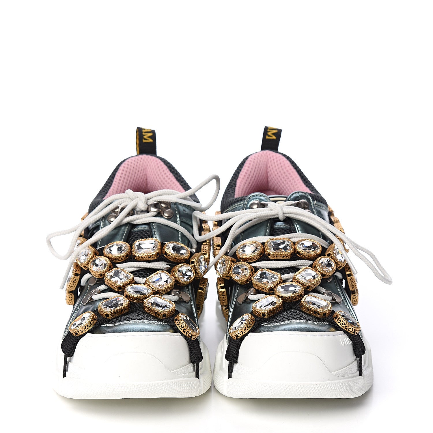 Gucci X SEGA Metallic Calfskin Removable Crystals Womens Flashtrek Sneakers 38 Lago Loess Silver 2 of 10