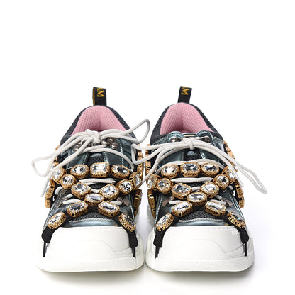 Gucci X SEGA Metallic Calfskin Removable Crystals Womens Flashtrek Sneakers 38 Lago Loess Silver 2 of 10