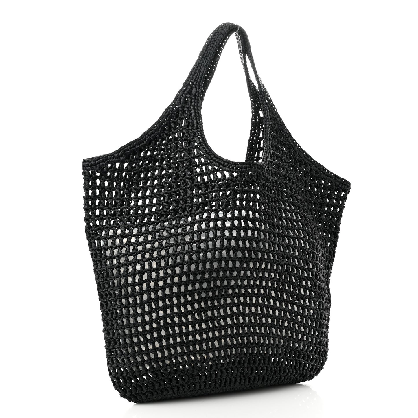 Yarn Raffia Effect Crochet Logo Embroidered Shopping Tote Bag Black
