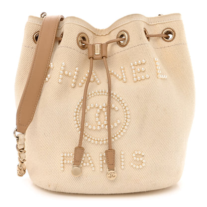 Chanel Canvas Pearl Deauville Drawstring Bucket Bag Ecru Beige 1 of 12