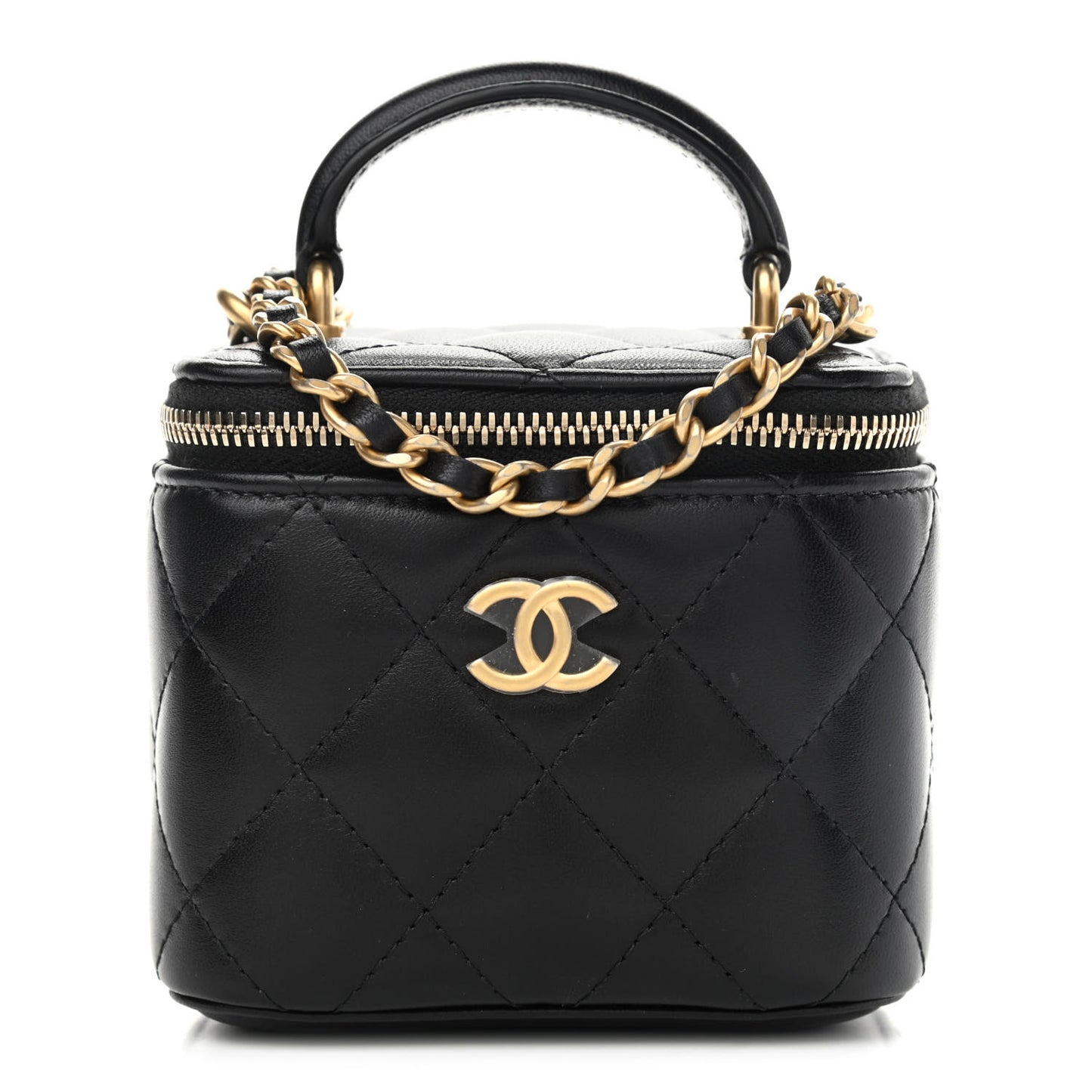 Lambskin Quilted Top Handle Mini Vanity Case With Chain Black