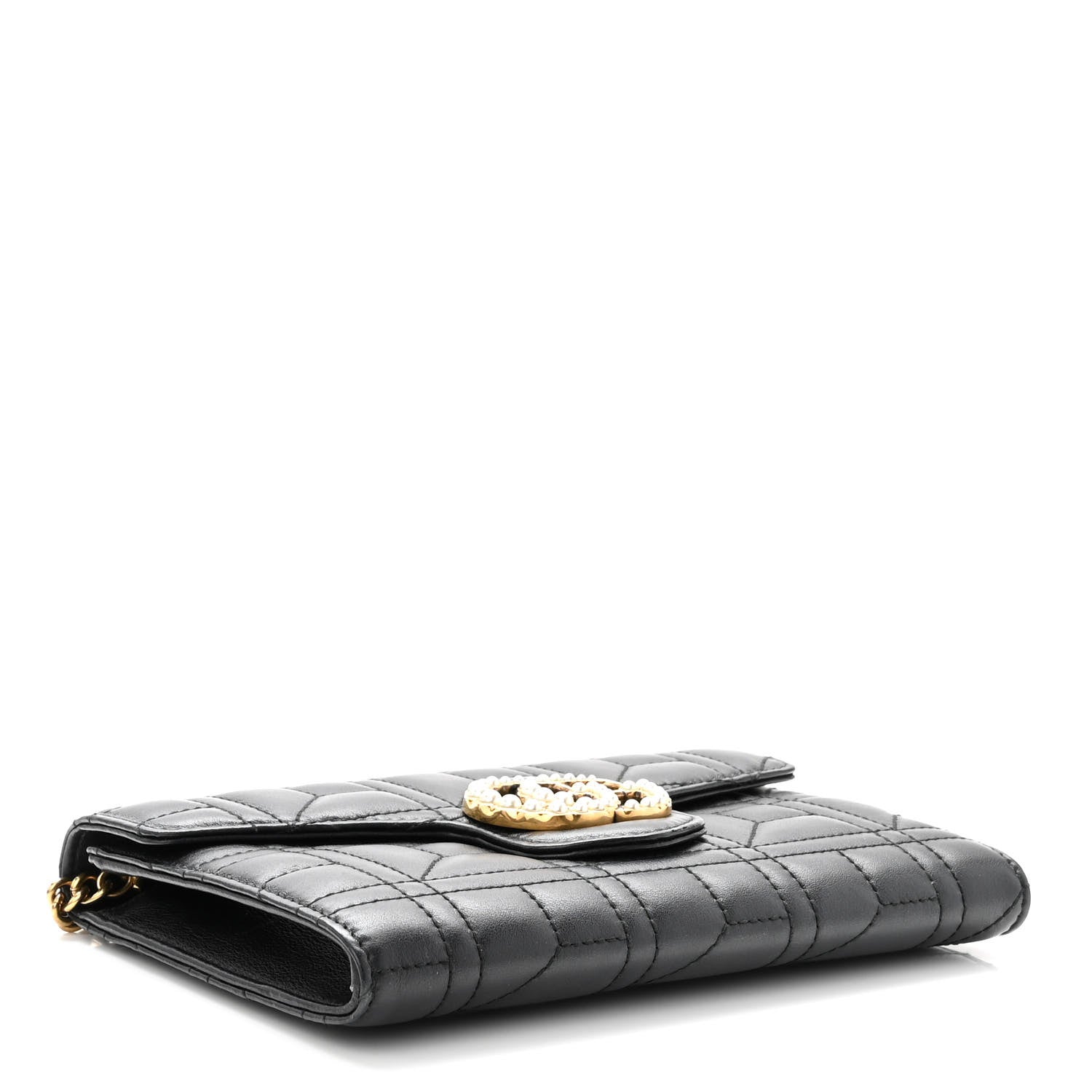 Gucci Calfskin Matelasse Mini Pearly GG Marmont Chain Wallet Black 4 of 9