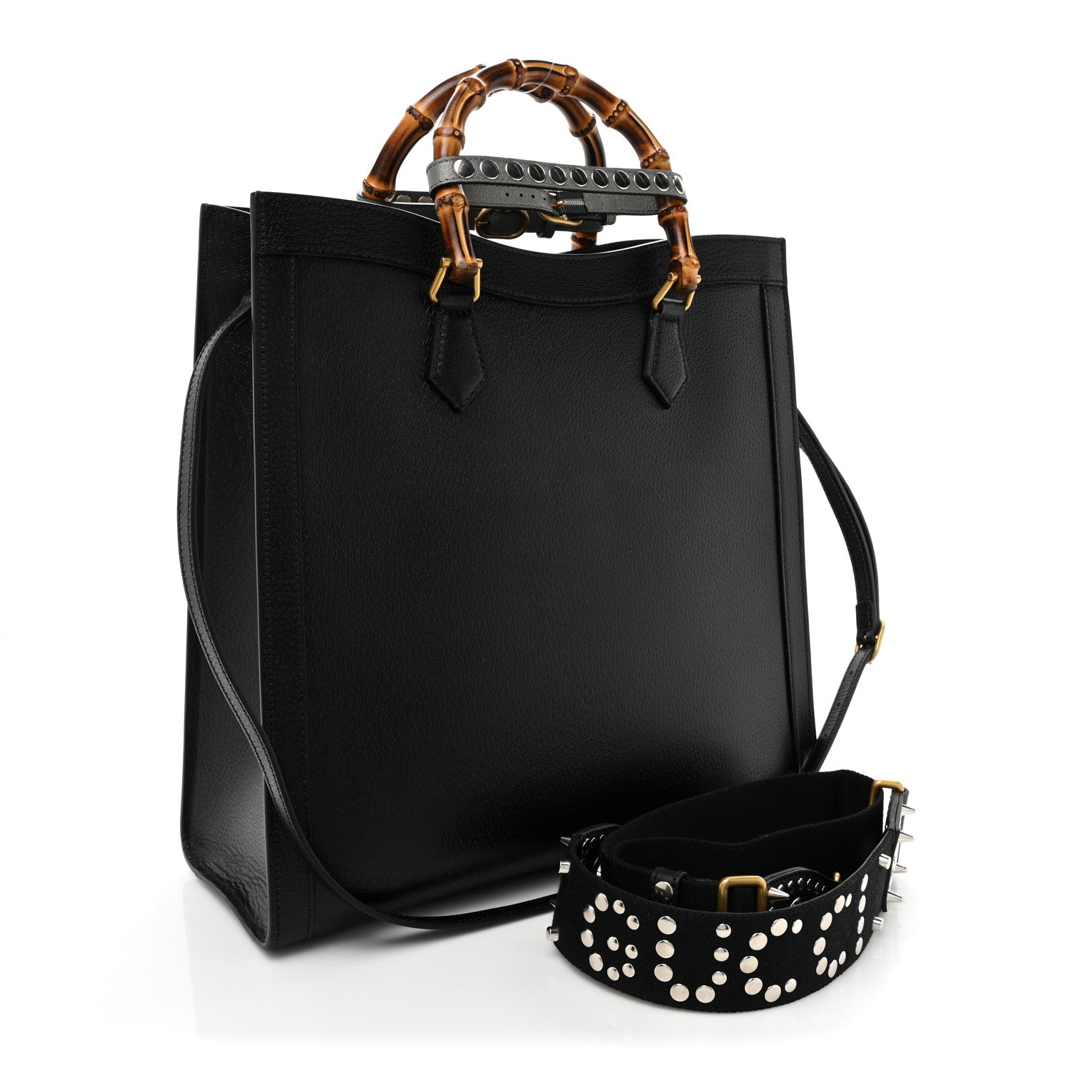 Gucci Textured Dollar Calfskin Stripe Studded Large Diana Tote Bag Black Multicolor 3 of 14