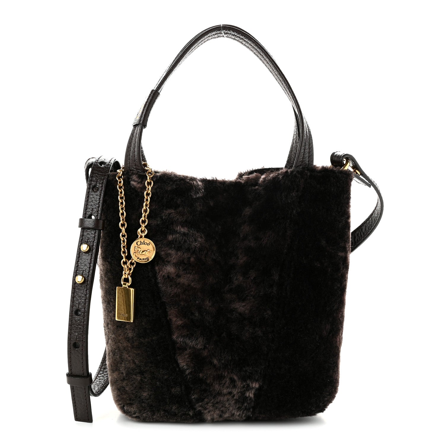Chloe Shearling Small Spin Tote Dark Brown 1 of 10