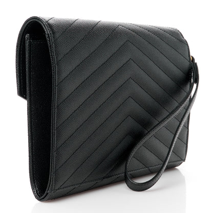 Saint Laurent Grain De Poudre Matelasse Chevron Monogram Envelope Clutch Black 3 of 10
