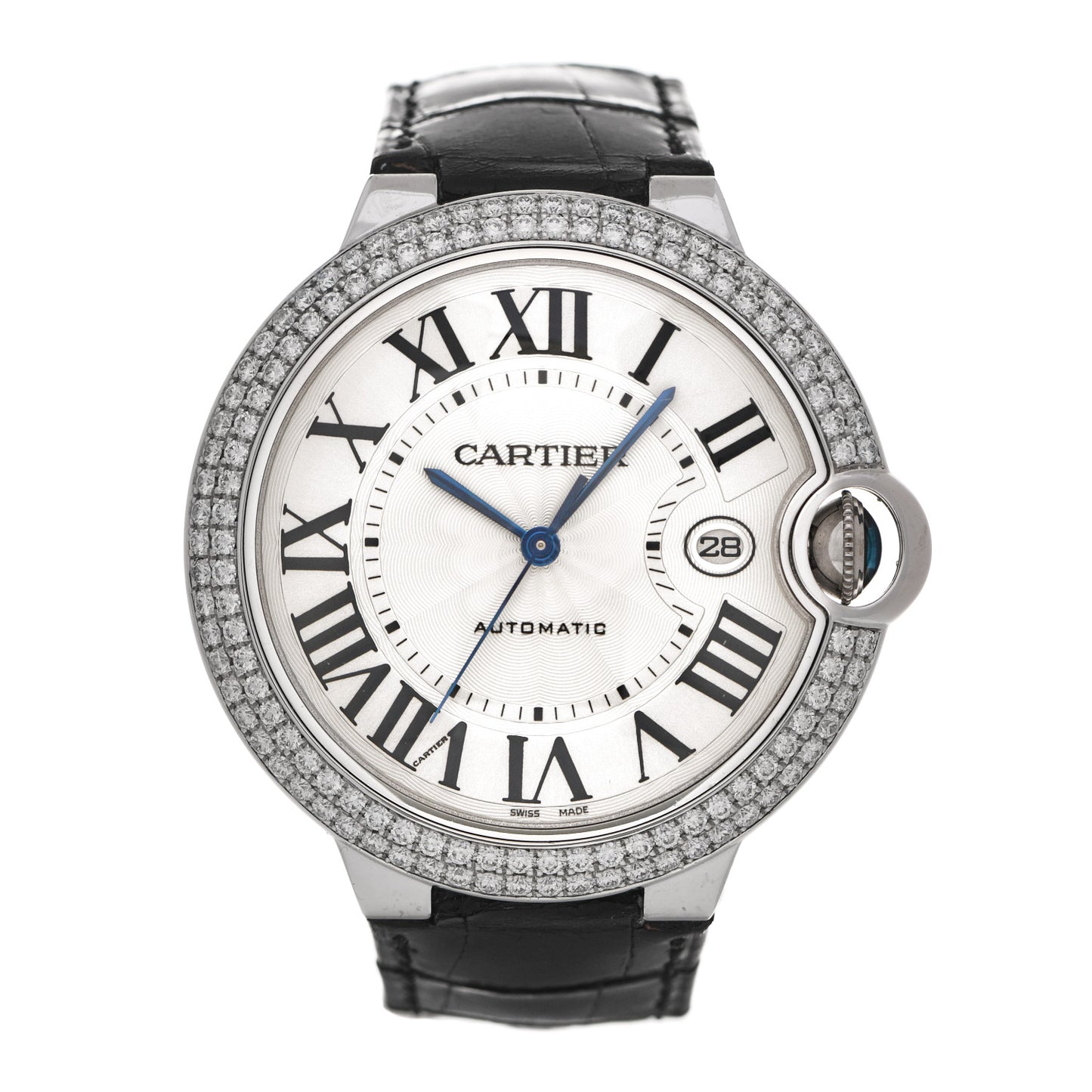 18K White Gold Alligator Diamond Pave Bezel 42mm Ballon Bleu De Cartier Automatic Watch