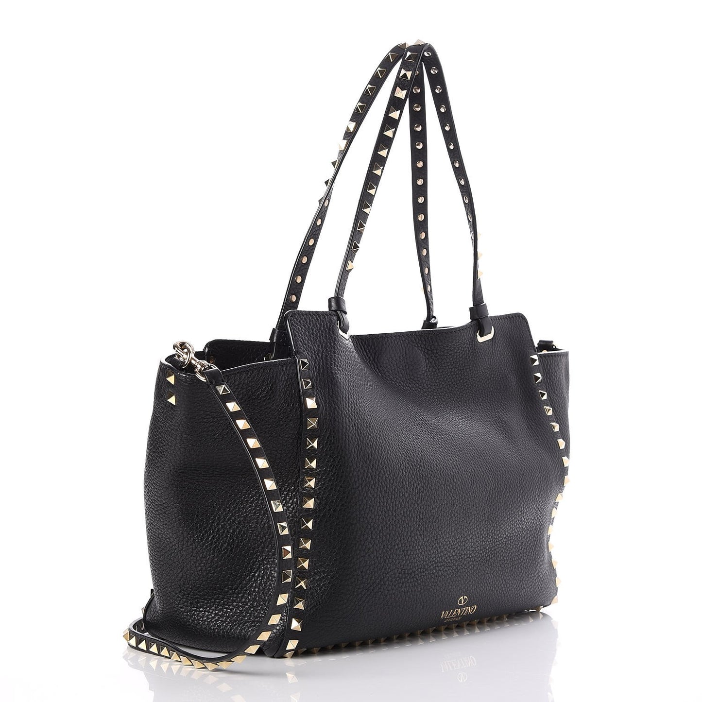 Pebbled Calfskin Medium Rockstud Tote Black