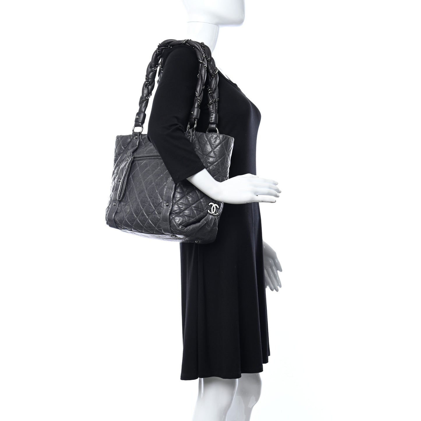 Distressed Lambskin Vintage Ligne Lady Braid Tote Dark Grey