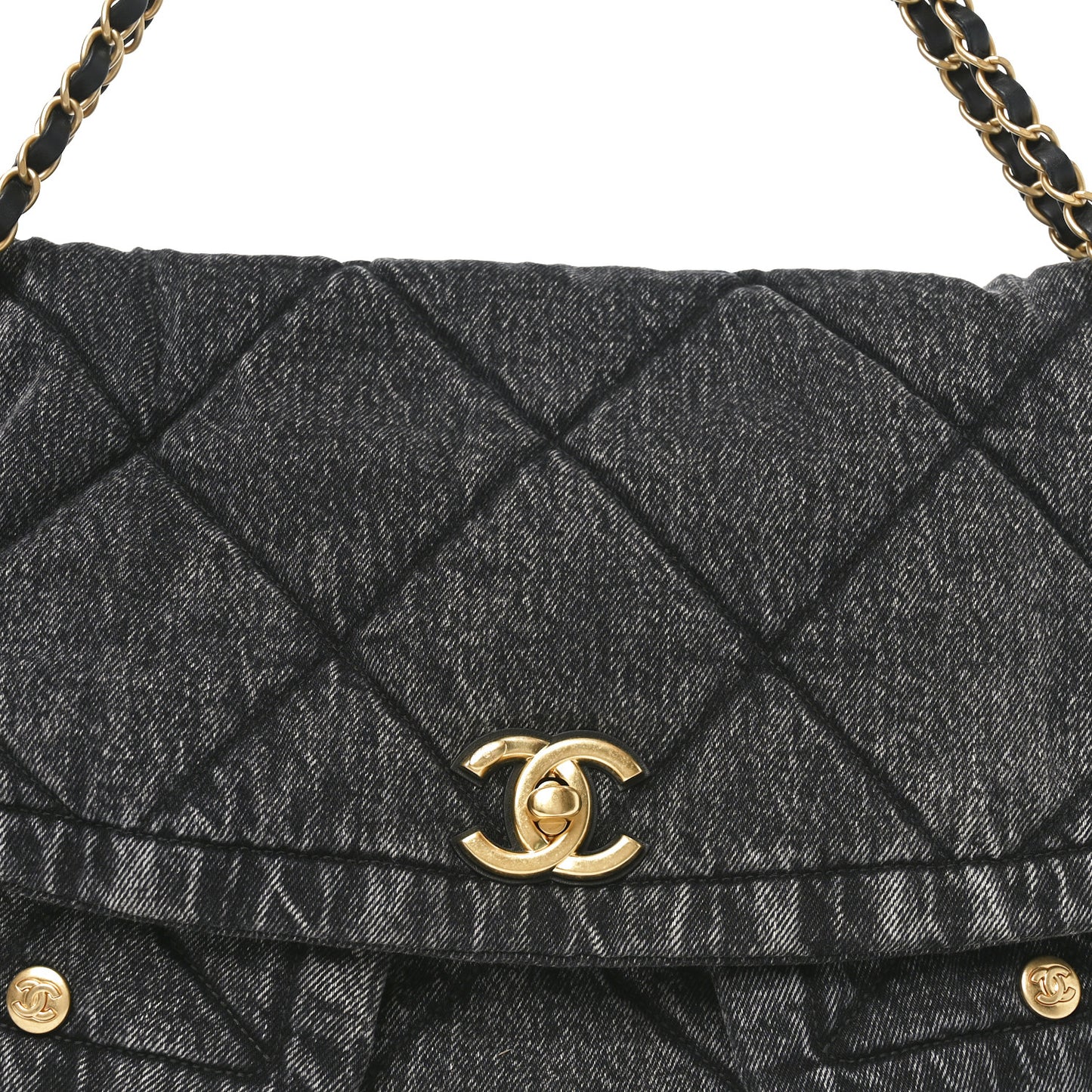 Washed Denim Quilted Maxi Flap Bag Black