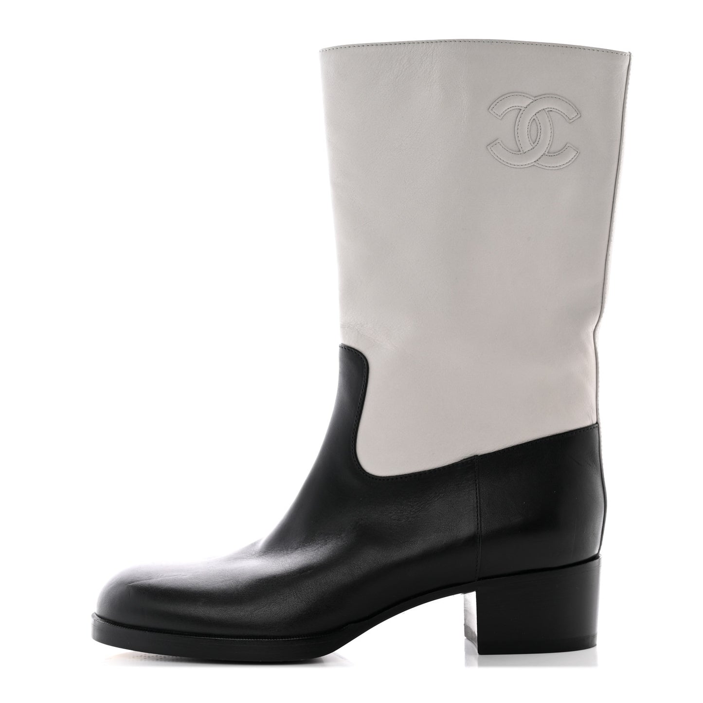 Calfskin CC Logo Mid Calf Boots Light Grey Black