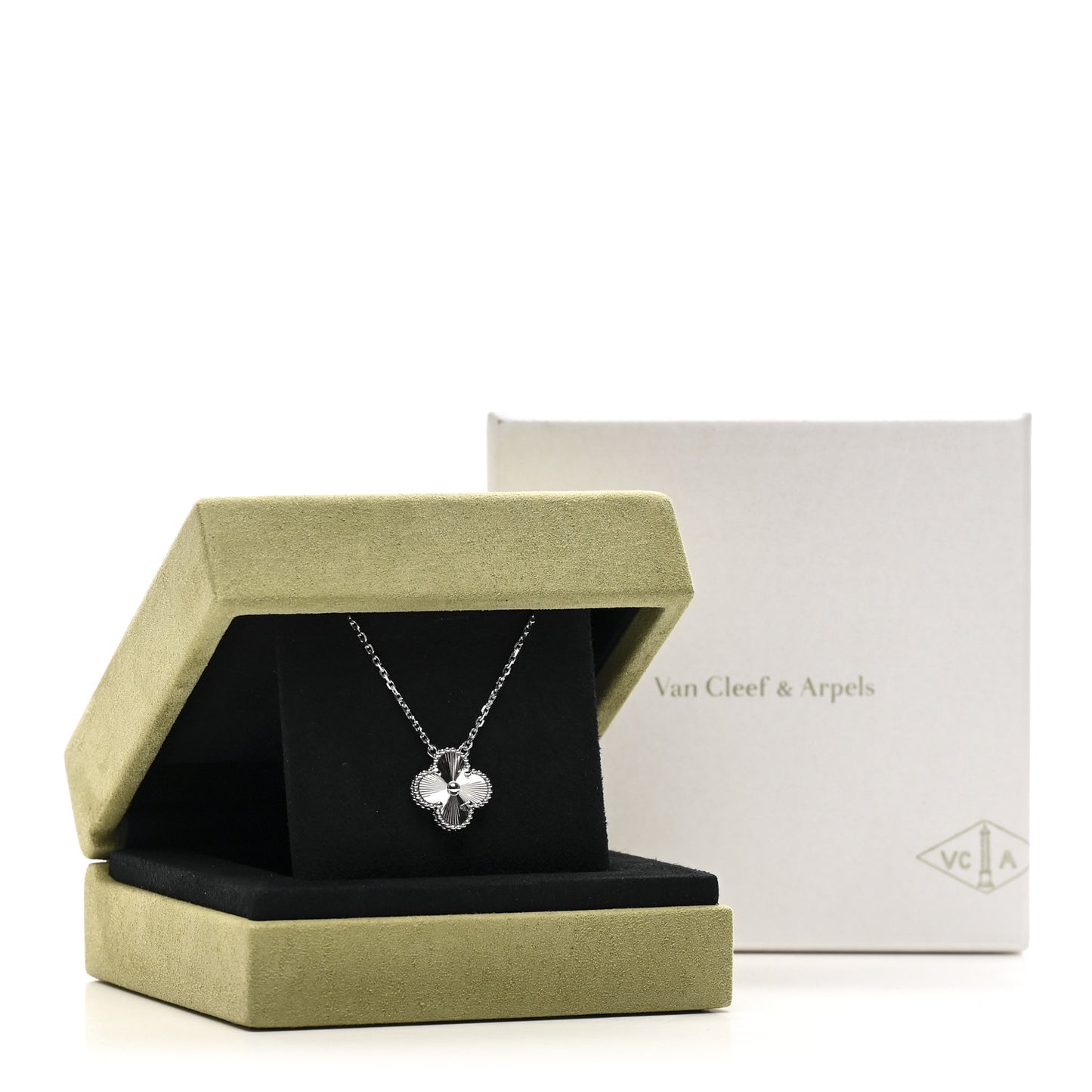18K White Gold Guilloche Vintage Alhambra Pendant Necklace