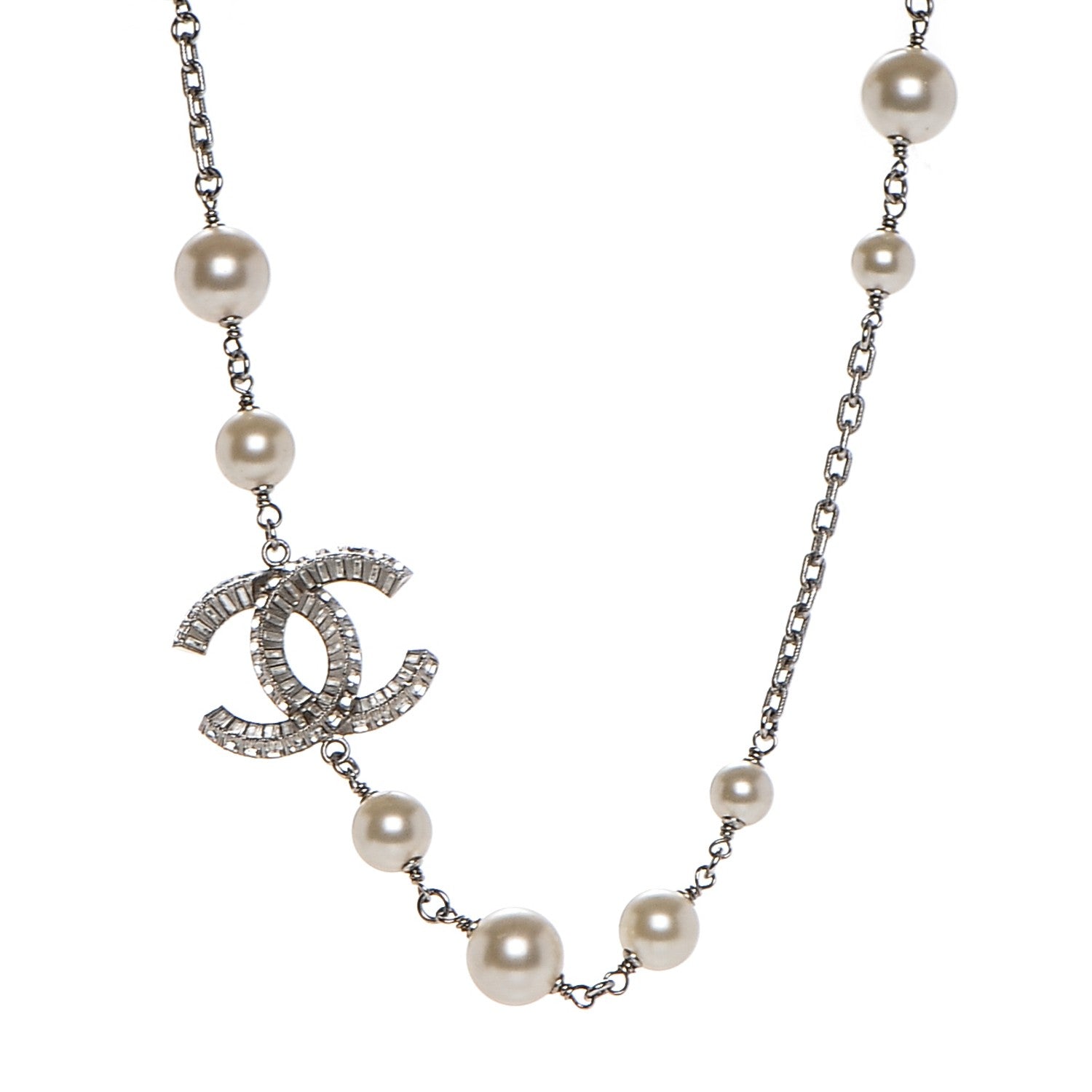 Chanel Pearl Crystal Baguette CC Short Necklace Silver 1 of 6
