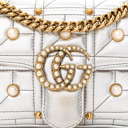 Gucci Metallic Calfskin Matelasse Studded Mini Pearly GG Marmont Shoulder Bag Silver 8 of 10