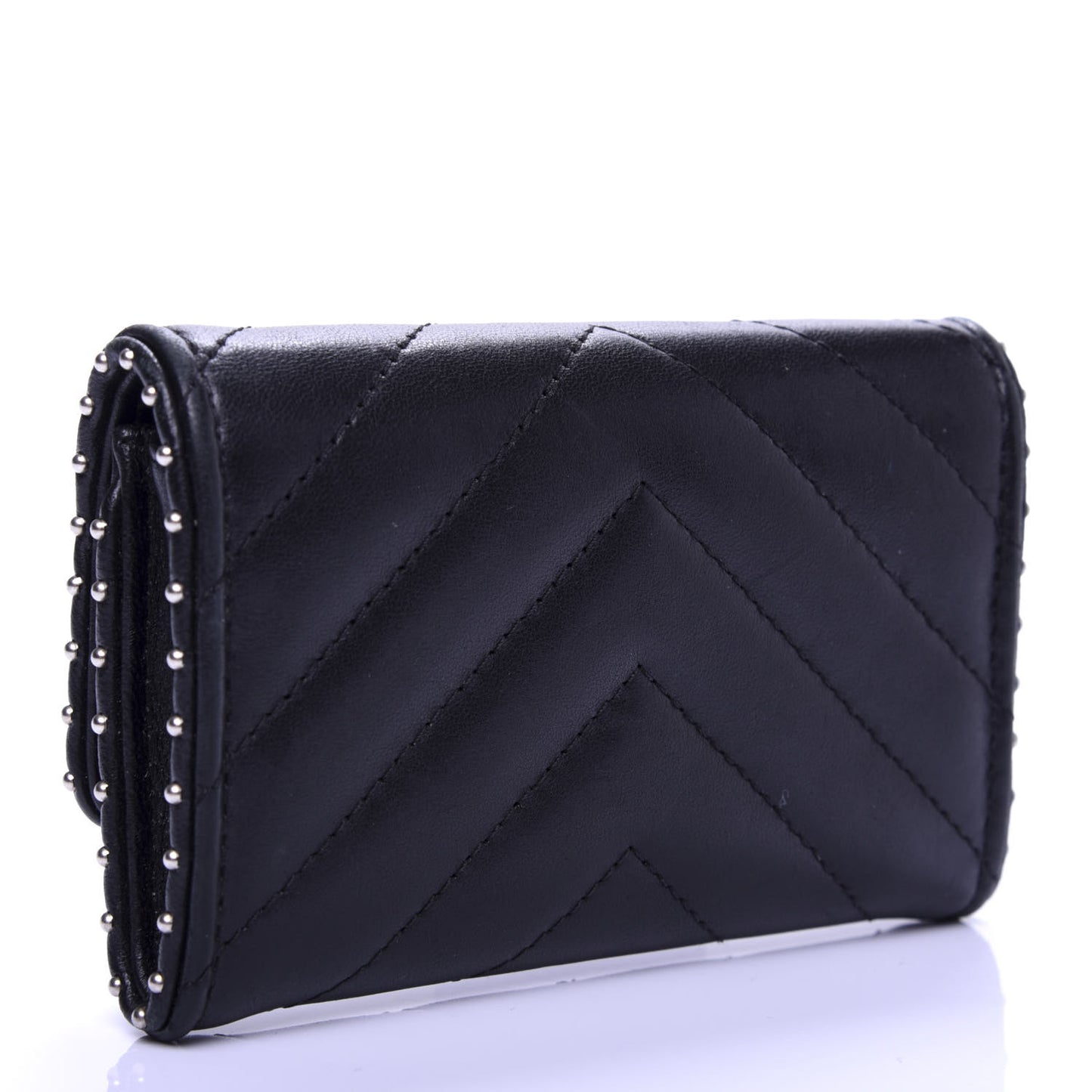 Lambskin Chevron Quilted Studded Card Holder Black