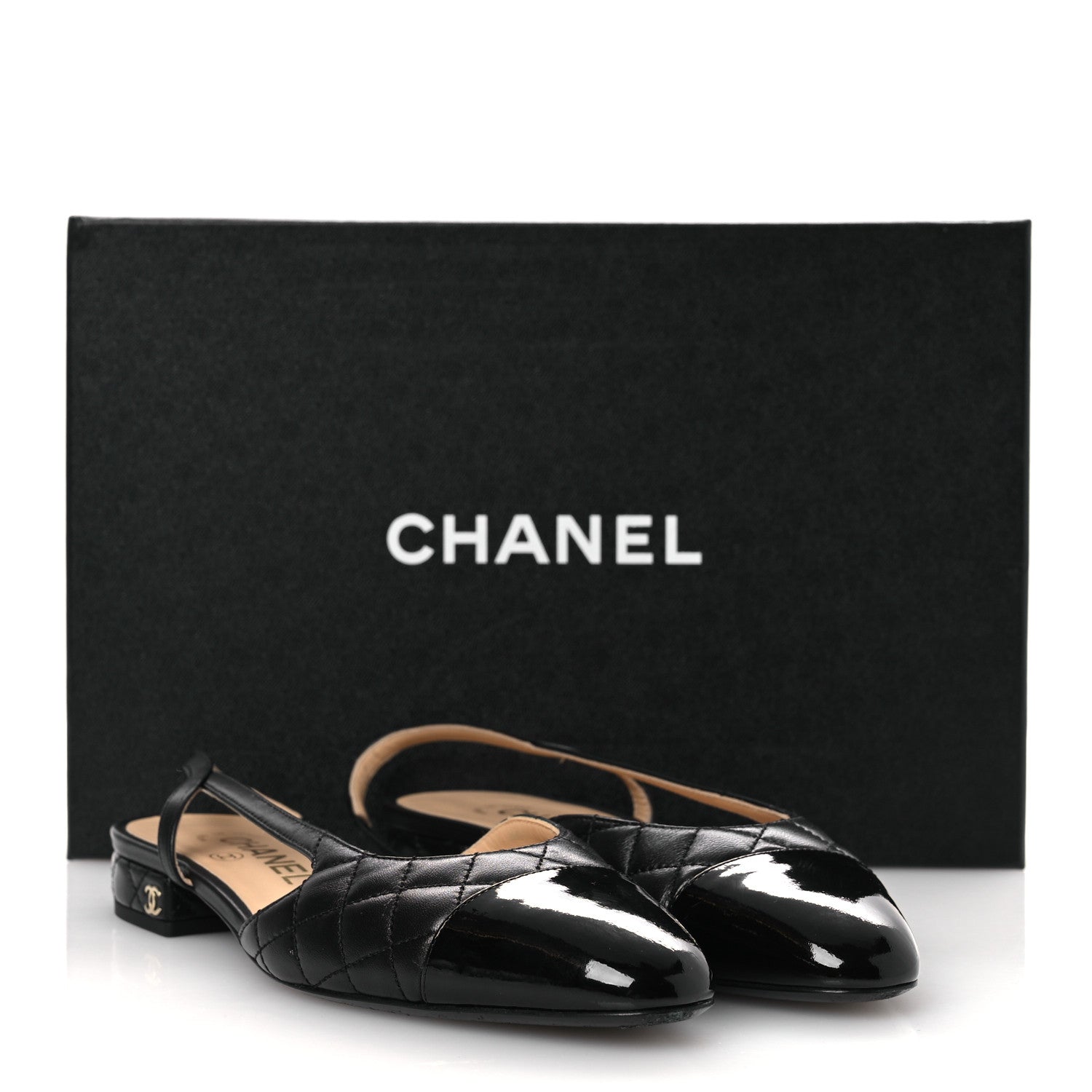 Chanel Lambskin Patent Cap Toe CC Slingback Flats 37.5 Black 11 of 11