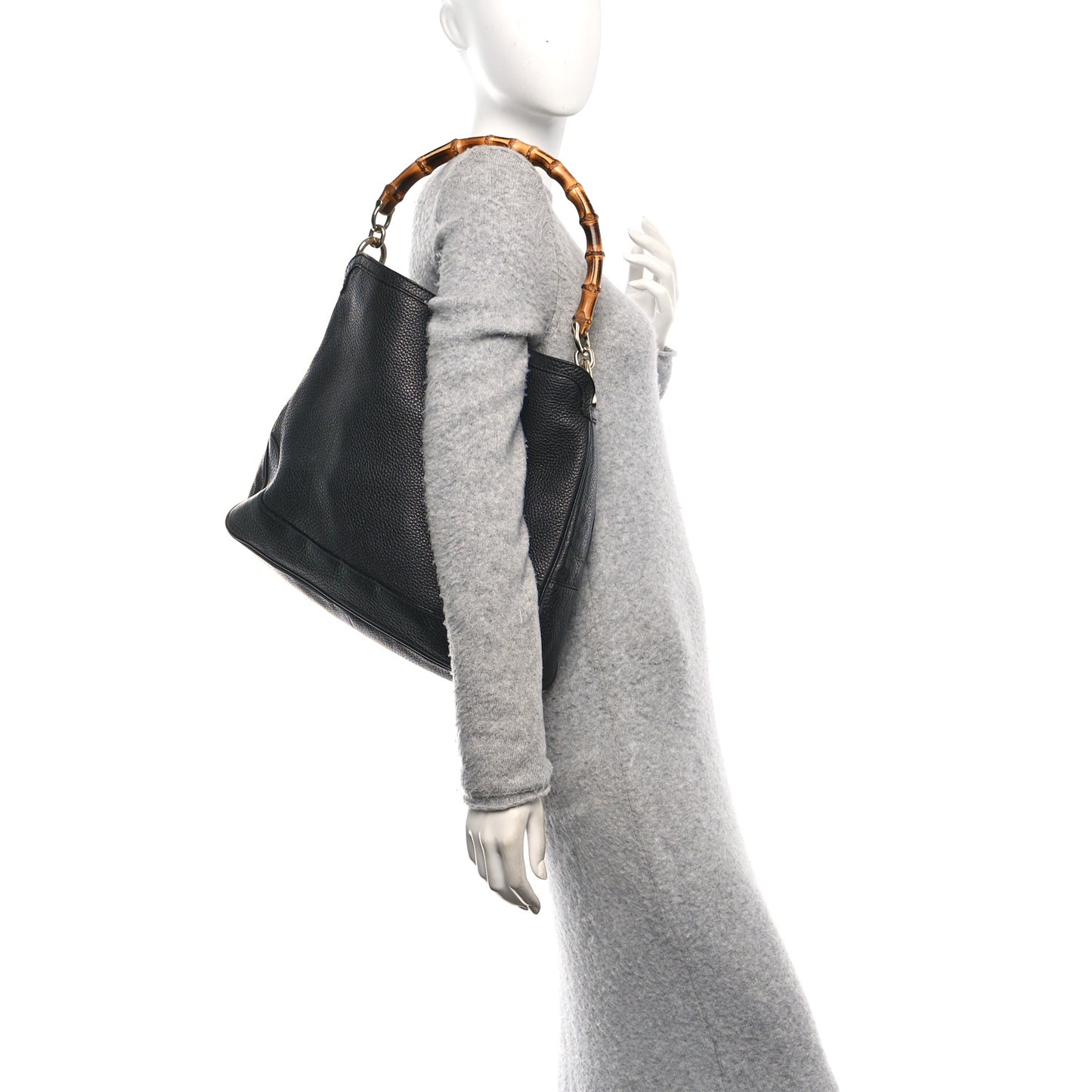 Pebbled Calfskin Medium Diana Bamboo Shoulder Bag Black
