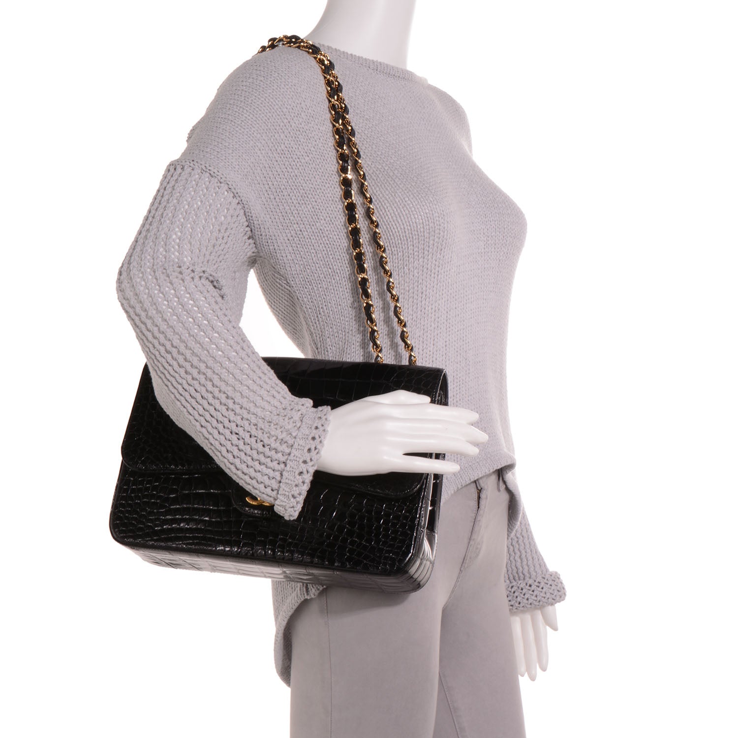 Chanel Shiny Alligator Jumbo Single Flap Black 2 of 9
