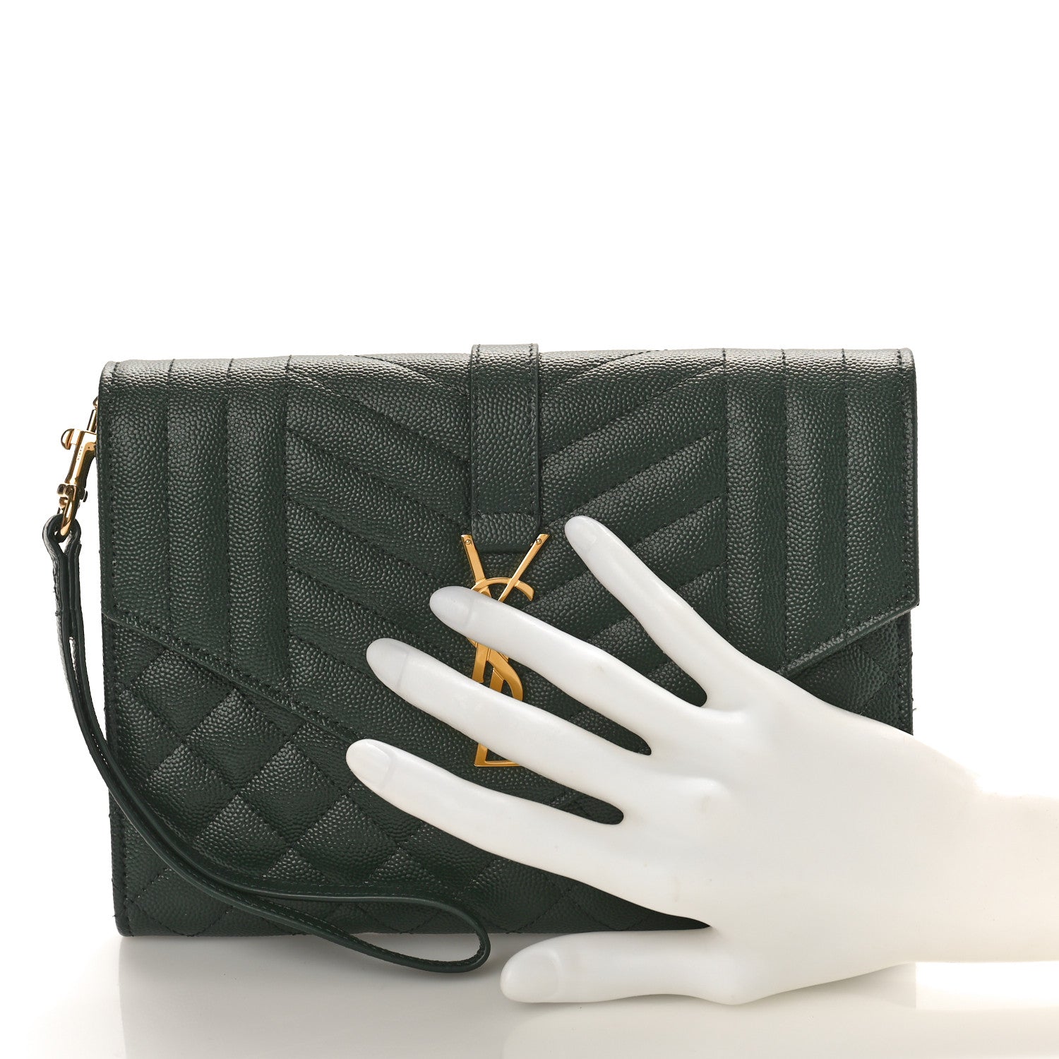 Saint Laurent Grain De Poudre Textured Mixed Matelasse Triquilt Monogram Clutch Vert Fonce 2 of 10