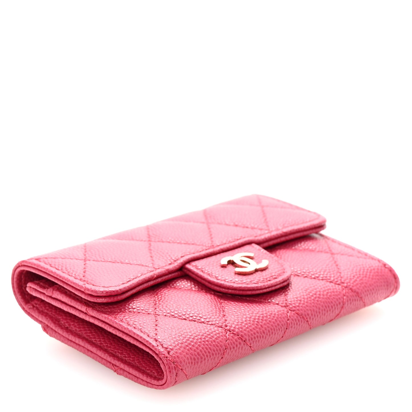 Caviar Quilted Flap Card Holder Wallet Dark Pink