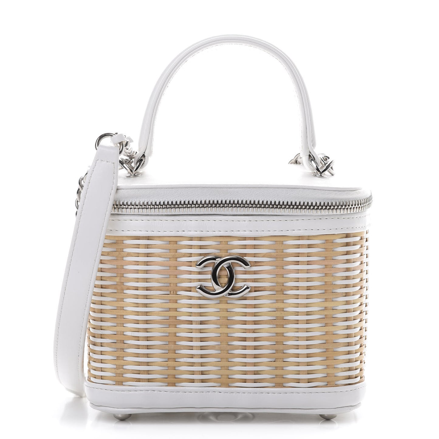 Calfskin Raffia Small Vanity Case Bag White Beige