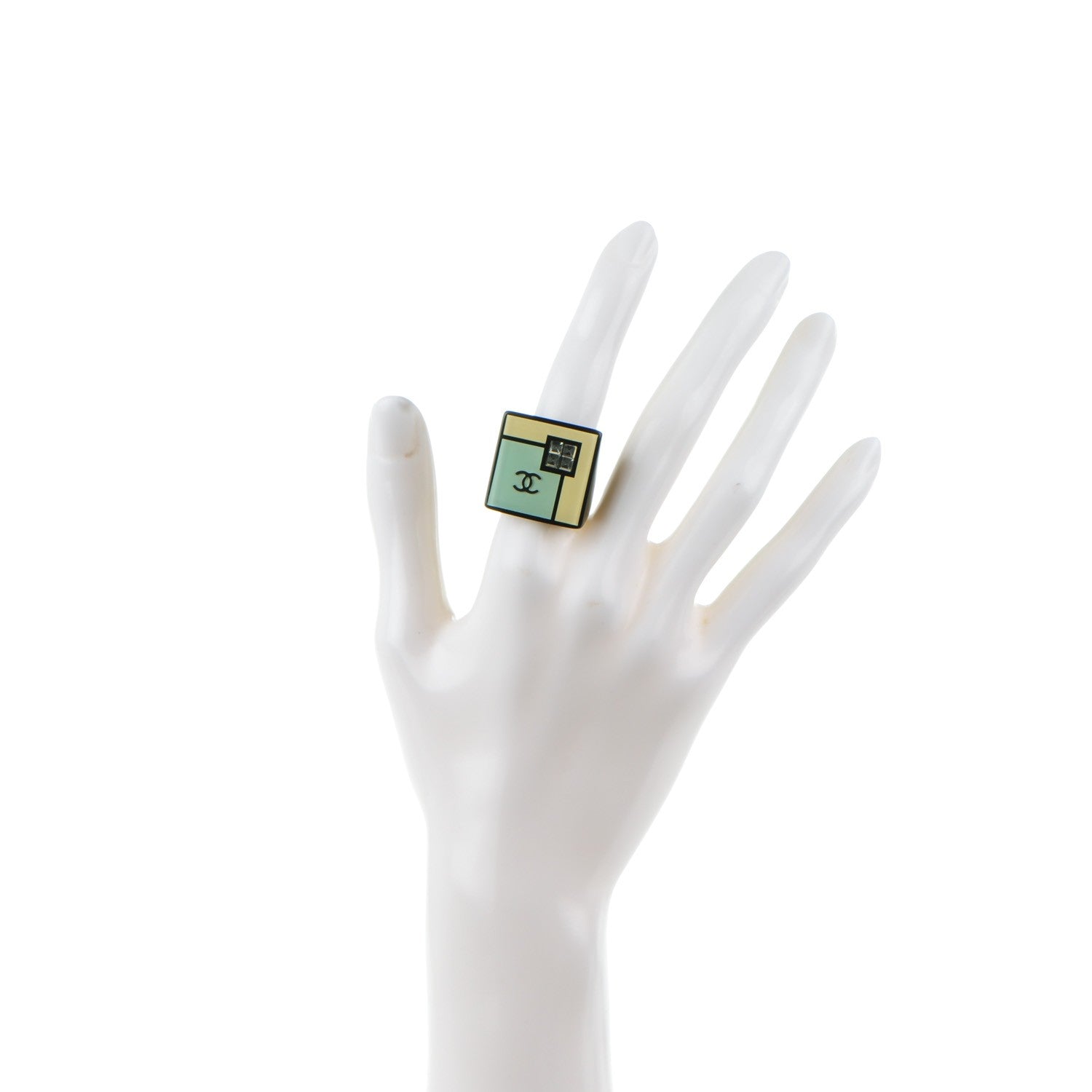 Chanel Resin Baguette Crystal CC Square Ring 7 Black Green 2 of 4