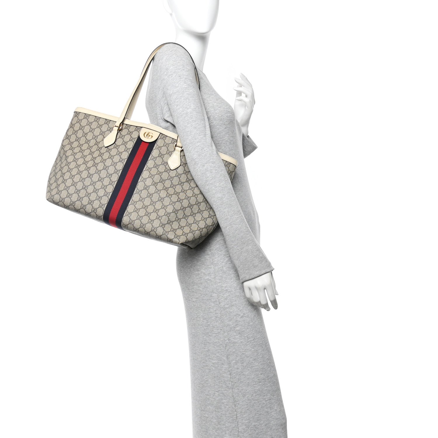Gucci GG Supreme Monogram Textured Calfskin Web Medium Ophidia Shopping Tote Beige Ebony Mystic White 2 of 10